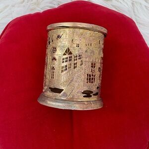 Vintage Votive Tea Light Candle Holder Gold Laser Cut 3" Brass Felt Bottom X Mas
